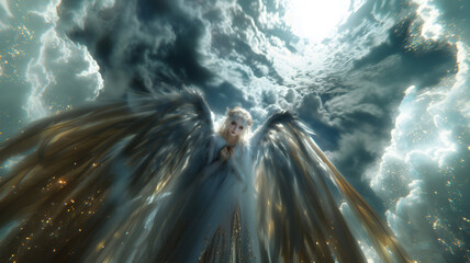 Wall Mural - Beautiful elfish female angel, mysterious background. Dreamy romantic atmosphere, faith and hope concept. Decorative angel illustration for cards, poster, wallpapers etc. 