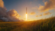 © Alfred - A panoramic view of a rocket launch at dawn with golden sunlight illuminating the smoke and fiery engines.
