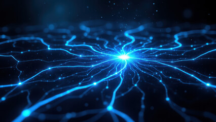 Wall Mural - This image features an artistic representation of a network with blue glowing lines that resemble electrical connections or neural pathways.