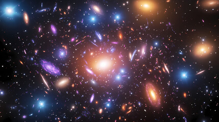 Wall Mural - Cosmic enigma: stunning 3d render of a colorful supercluster of galaxies with cinematic lightning display. Enigma. Illustration