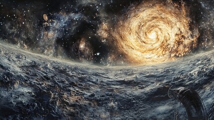 panoramic view of a space photograph of the milky way galaxy with stars against the night sky.