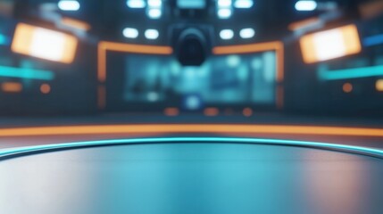 Leinwandbilder - A professional TV studio features advanced media tech and a blurred background during an interview. Generative AI