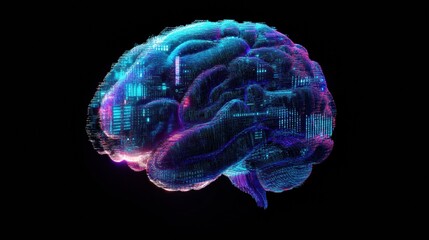 Aufkleber - This composition showcases a futuristic brain made of luminous blue and purple digital grids, surrounded by binary code, perfect for text placement. Generative AI