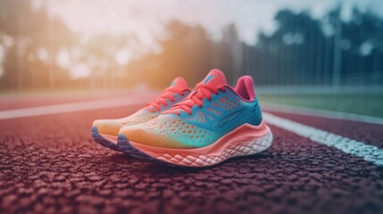 Poster - A pair of colorful running shoes rests on the track, capturing the spirit of athleticism and motivation at an outdoor sports facility. Generative AI