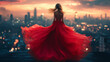 © PixelPulse AI - woman in a flowing red dress stands on a rooftop overlooking a city at sunset