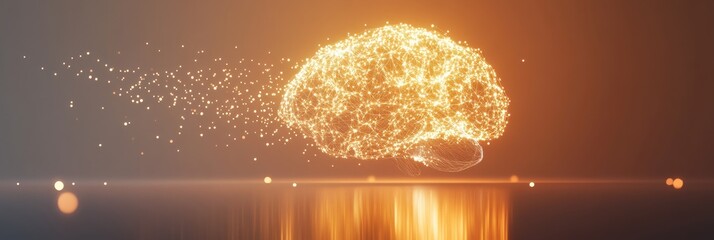 Fototapete - A vibrant, glowing brain formed by small light points and lines creates a captivating visual with ample space for showcasing text. Generative AI