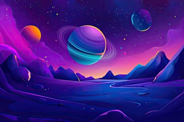 Wall Mural - Space galaxy background with planet Saturn and asteroids, cartoon universe texture. futuristic surface with purple nebula, 