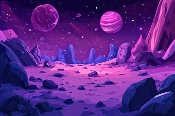 Wall Mural - Space galaxy background with planet Saturn and asteroids, cartoon universe texture. futuristic surface with purple nebula, 