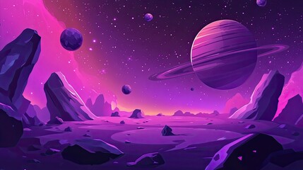 Wall Mural - Space galaxy background with planet Saturn and asteroids, cartoon universe texture. futuristic surface with purple nebula, 