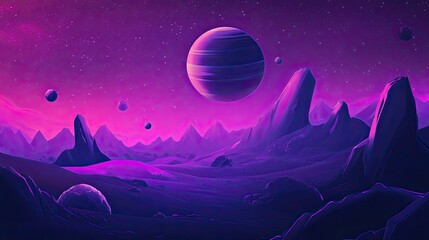 Wall Mural - Space galaxy background with planet Saturn and asteroids, cartoon universe texture. futuristic surface with purple nebula, 