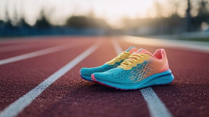 Poster - Brightly colored running shoes sit on a track, inviting runners for an evening workout as the sun sets in the background. Generative AI