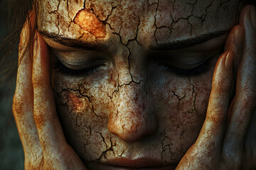 Wall Mural - Stress and despair caused by skin conditions, portrayed with a somber tone