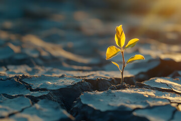 Wall Mural - Sunlit seedling breaking through dry, cracked earth, a symbol of hope