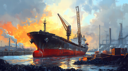 Wall Mural - Industrial port with cargo ship and crane unloading coal ai. Ember. Illustration