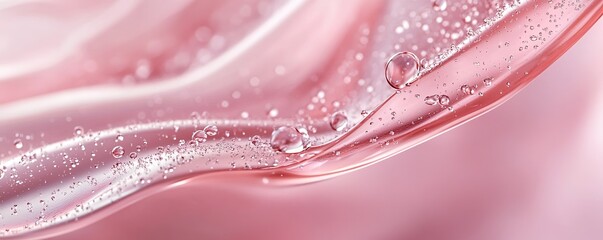 close-up of pink serum texture with water droplets.