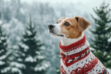 Poster - A charming dog in a cozy sweater sits in front of a picturesque snowy landscape, surrounded by evergreen trees on a winter day. Generative AI
