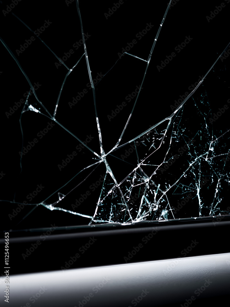shattered broken glass car window on black background, for overlay and ...