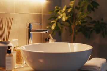 Wall Mural - A white bowl on a bathroom counter, perfect for decorative or practical use