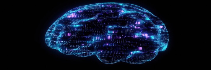 Aufkleber - A glowing brain is constructed from digital grids illuminated in blue and purple, showcasing a blend of technology and creativity with copy space. Generative AI