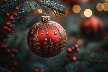 Poster - A bright red ornament hangs from a decorated Christmas tree branch