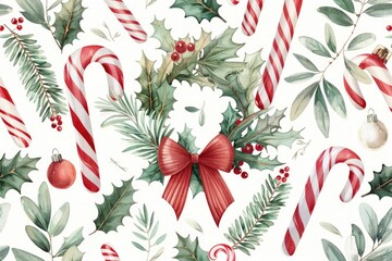 Poster - A festive holiday design featuring colorful candy canes and holly leaves in a whimsical watercolor style