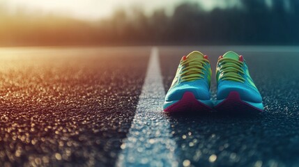 Poster - Brightly colored running shoes are strategically placed on a track, illuminated by soft morning light, creating a focus on fitness and activity. Generative AI