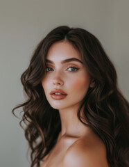 a large portrait of a young european woman with brown eyes and loose wavy hair. portrait in a close-
