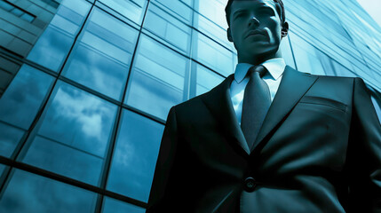 Wall Mural - Confident young caucasian male businessman in suit standing against modern glass building