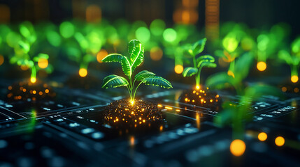 Wall Mural - futuristic green technology: digital plant growth on circuit boards