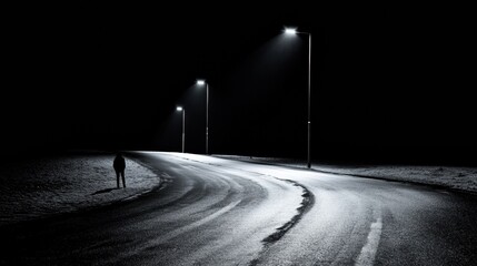Aufkleber - A lonely person walks along an empty street at night, illuminated by nearby streetlights against a dark backdrop. Generative AI