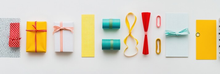 Poster - Various gift wrapping materials are neatly arranged, showcasing vibrant colors and textures with space available for custom messages. Generative AI