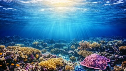 Sticker - A bustling coral reef, teeming with vibrant fish and diverse aquatic life, illuminated by the sun's rays penetrating the ocean's surface.