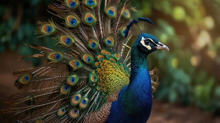 Wall Mural - Majestic peacock displaying vibrant plumage in lush garden.