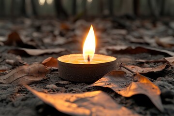 Poster - Flickering candle on a ground covered with dried leaves during twilight in a serene forest