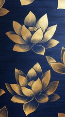 gold lotus flowers on navy blue background