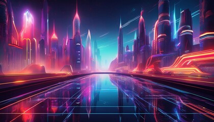 Wall Mural - vibrant futuristic cityscape with glowing neon reflections in digital illustration generative ai
