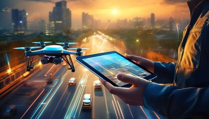 Wall Mural - hands operating drone control system via tablet during evening traffic generative ai