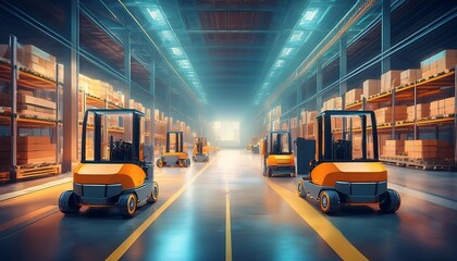 Wall Mural - automated forklifts operating in a large warehouse