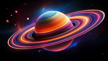 Wall Mural - a vibrant digital rendering of saturn with its prominent ring system glowing against a black space b
