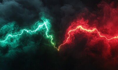 a red lightning bolt resists a green one on a black background, while smoke clouds in the air depict