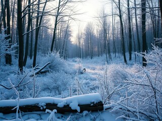 A serene and enchanting winter wonderland with snow-covered trees and sparkling frost, season, cold, woods