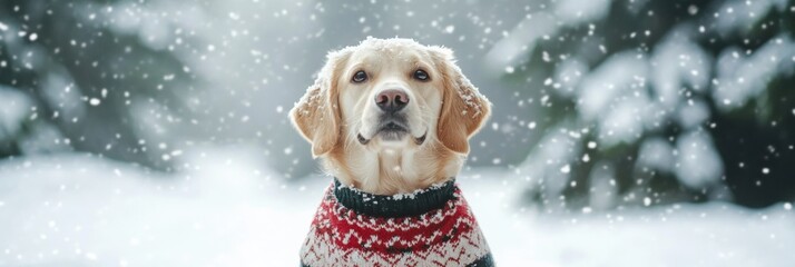 Poster - A fluffy dog sits adorably in a colorful sweater against a snowy backdrop, enjoying the winter wonderland with ample room for text. Generative AI