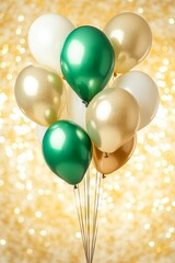Wall Mural - festive composition of green and gold balloons on a sparkling background with beautiful bokeh.
