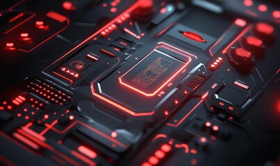 black background with neon lights, geometric patterns, and futuristic elements modern tech style
