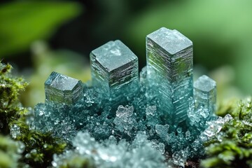 Wall Mural - Close-up view of intricate ice crystals on a moss-covered surface