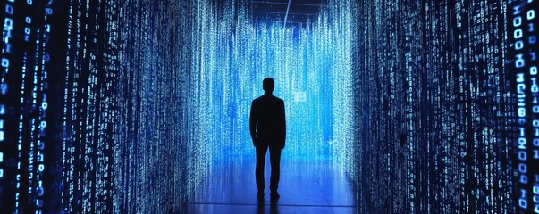 Cybersecurity breach concept with hacker silhouette in dark room, binary code overlay, representing data vulnerability and digital threats