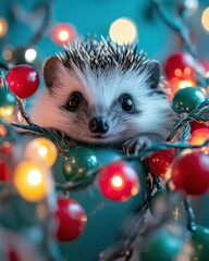 Wall Mural - A hedgehog nestled in festive lights. AI.