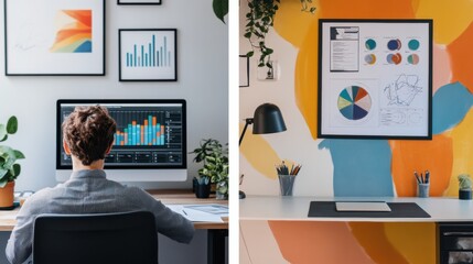 Leinwandbilder - Dual workspace featuring a modern desk setup with a data analysis display on one side and vibrant art on the other, enhancing creativity. Generative AI
