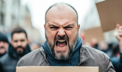 Sticker - Angry man shouting at a protest. AI.