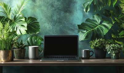 Wall Mural - elegant workspace with sleek laptop, coffee mug, and decorative plants